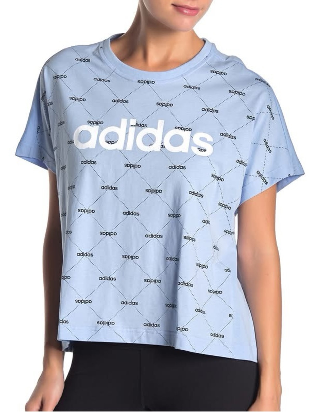 EUC Adidas Women’s Light Blue Monogram Boxy Cropped Oversized T Shirt Size XL